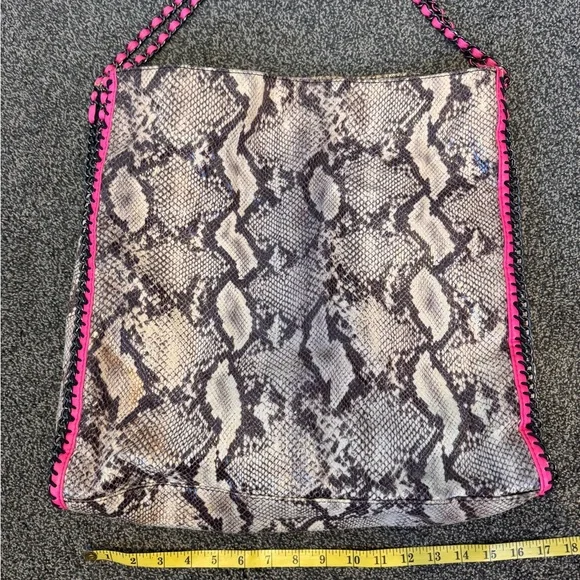Poppie Snake Print Shoulder Hobo Bag Pink and Graphite Color Accents Chain Large - Picture 12 of 12